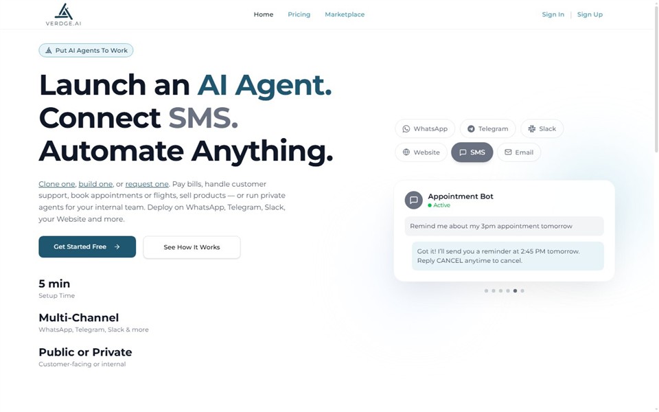Verdge.ai AI agent platform homepage